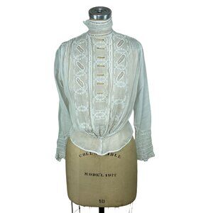 Edwardian white blouse pigeon front with embroidery, cuto outs and pleats Size M